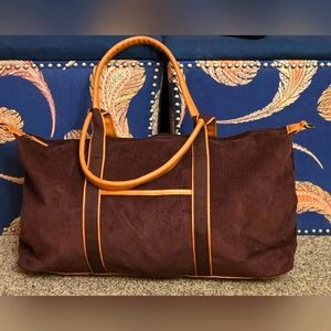 DSW Corduroy Weekender Tote Overnight Travel Bag Burgundy with Cognac Trim